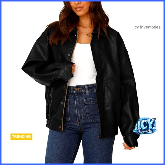 Faux Leather Motorcycle Jacket Oversized Zip Up Coat Outerwear